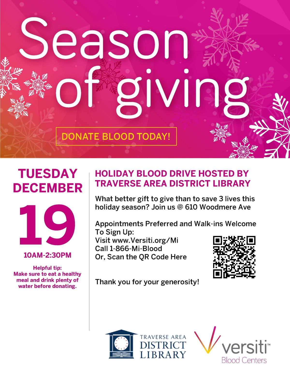 Flyer for December 19 Blood Drive at the Traverse Area District Library