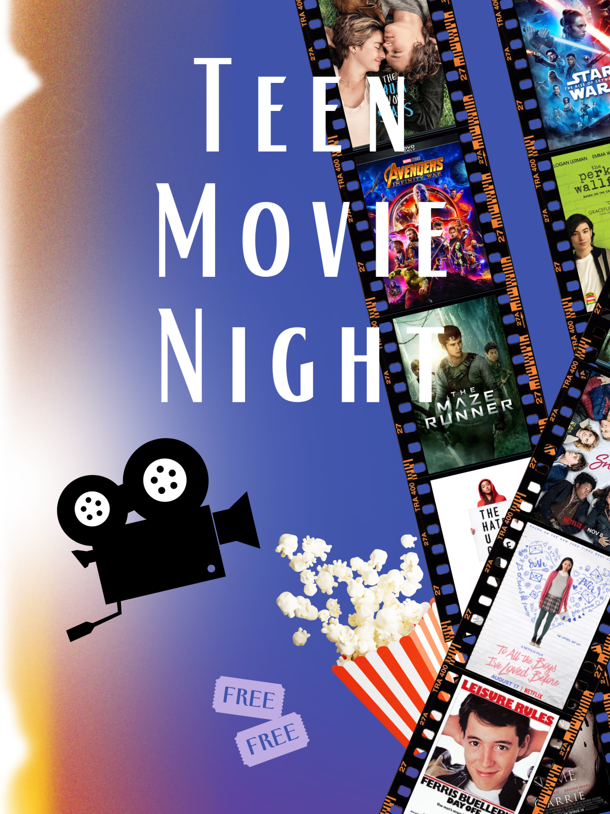 Red popcorn bin with popcorn falling out and a movie film strip