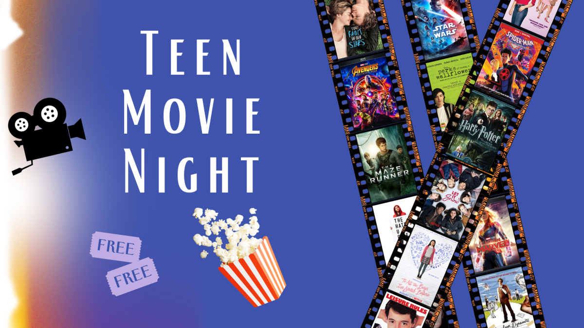 film reel with popcorn and two purple movie tickets