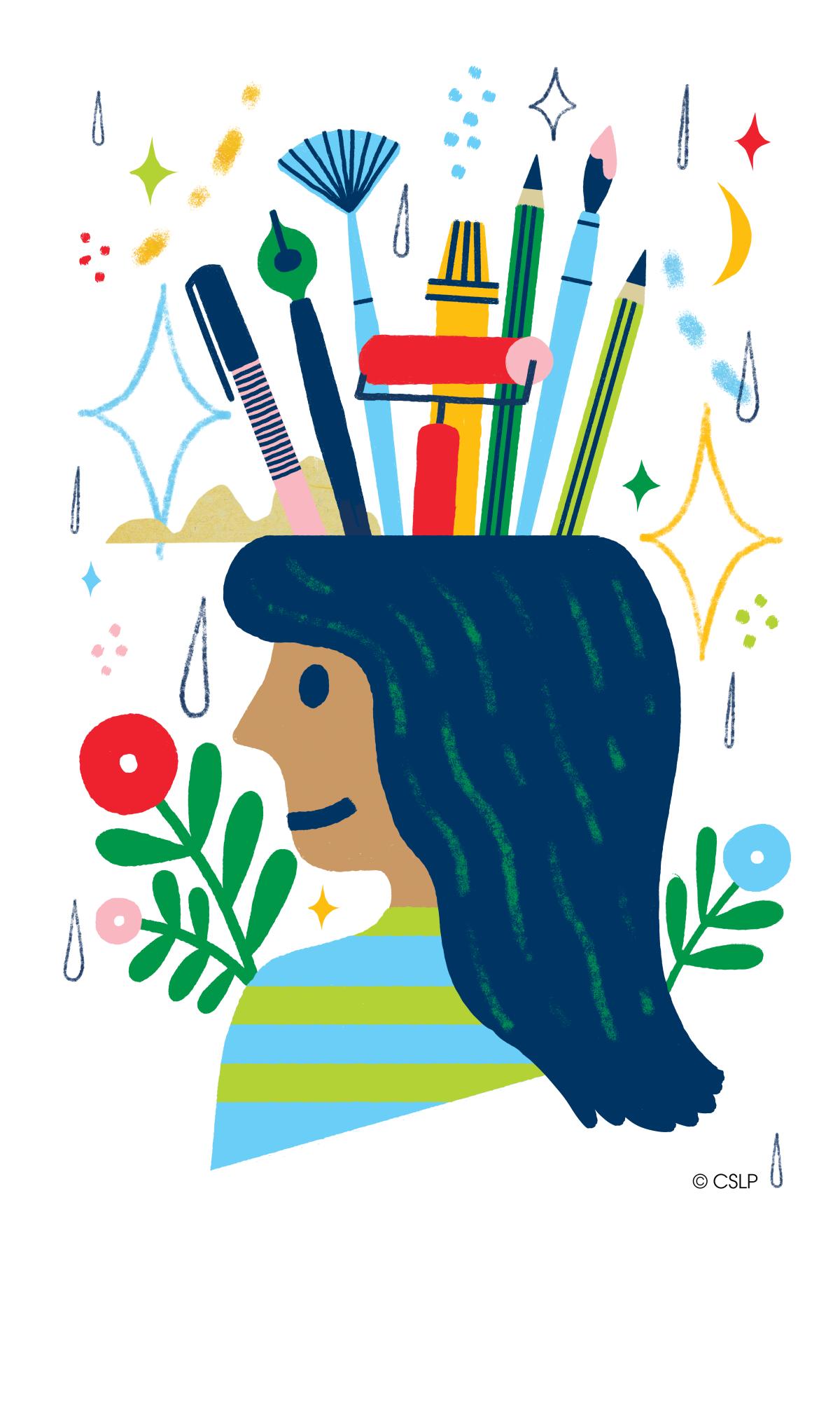 Girl with art supplies sticking out of her head.