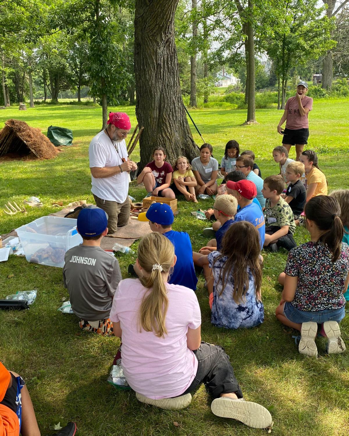 The Woodsy Dude teaches survival concepts to students.