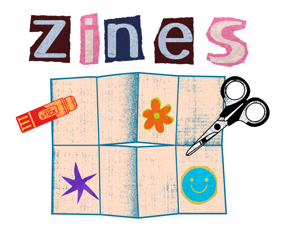 "Zines" headline with cut paper, scissors and glue sticks