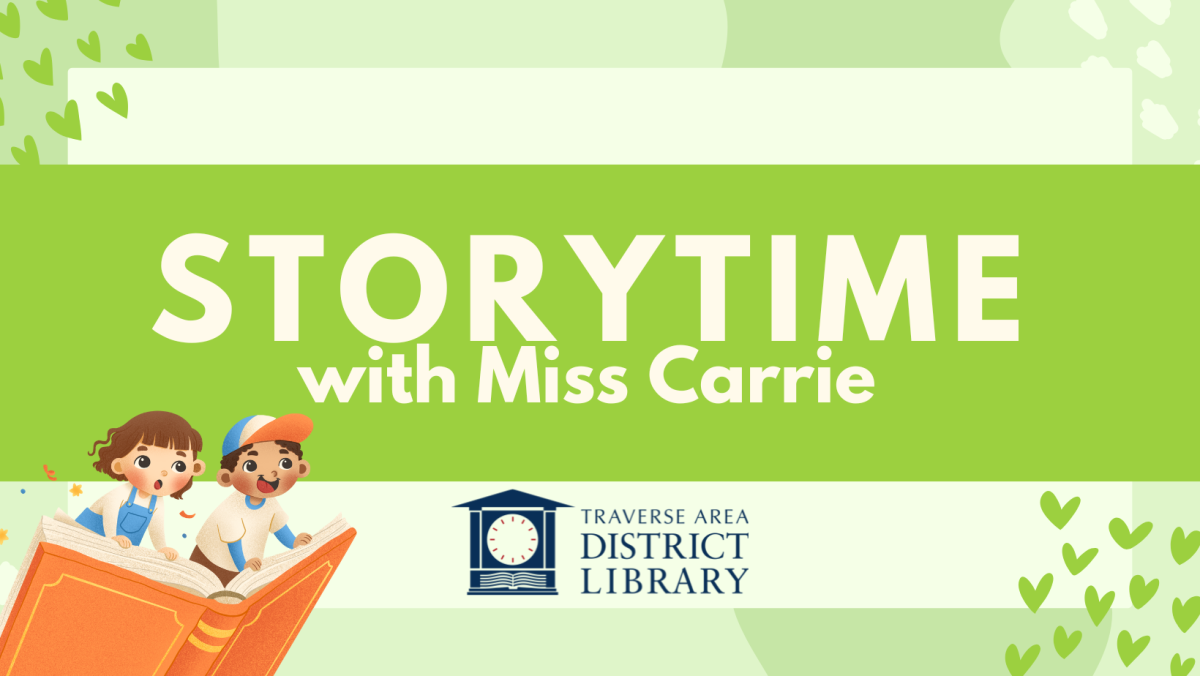 Storytime with Miss Carrie kids flying on a book in the left bottom corner