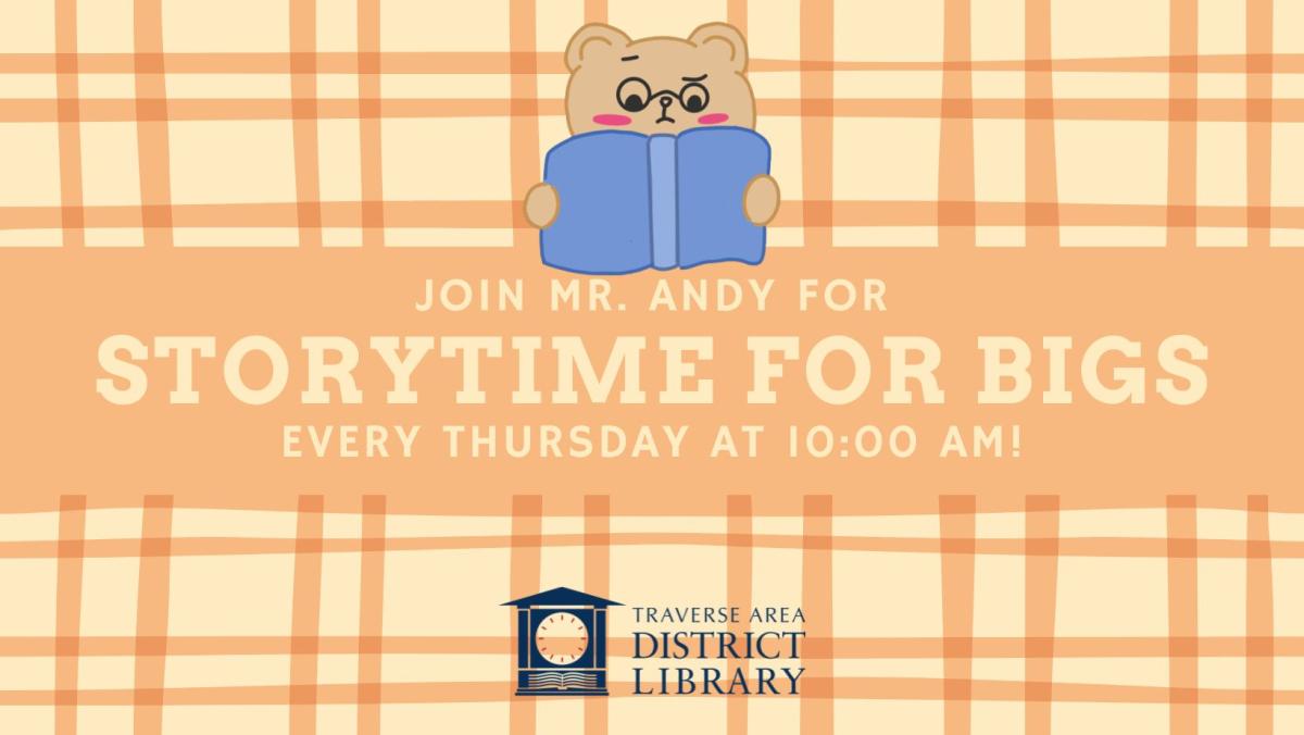 storytime for Bigs every Thursday at 10am with a bear wearing glasses and reading a book