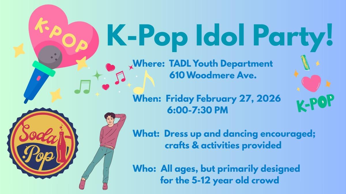 advertisement for K-pop party Feb. 27 6-7:30 PM, primarily for ages 5-12