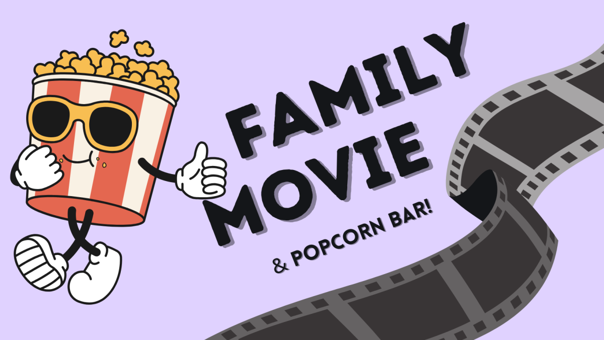 personified popcorn bucket walking near a film strip with the text "family movie and popcorn bar"