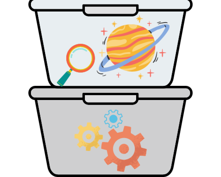 plastic boxes with science logos