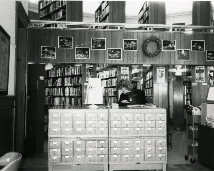 Black and white photo of the Sixth Street Library card catalog area