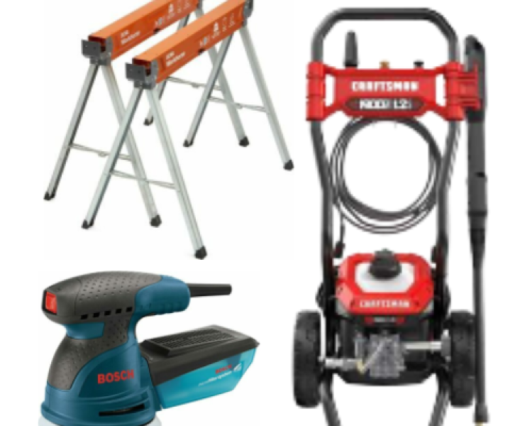 sawhorses, orbital sander, power washer