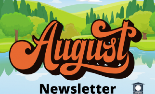 lake and green hills with August newsletter