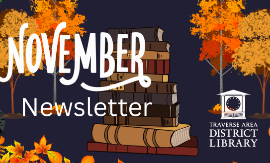 November Newsletter with two turkeys plus orange and green trees on blue