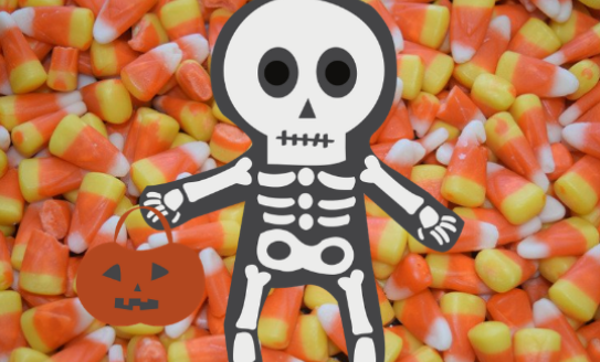 lil skeleton guy with a pumpkin trick or treat bucket on a background of candy corn