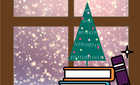 graphic of a christmas tree on a stack of books in front of a snowy window