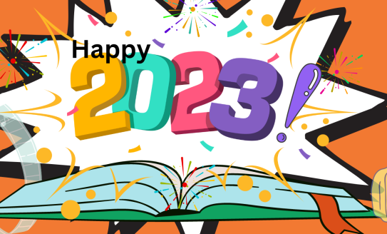 Happy 2023 popping out of an open book with movie, music, and headphones