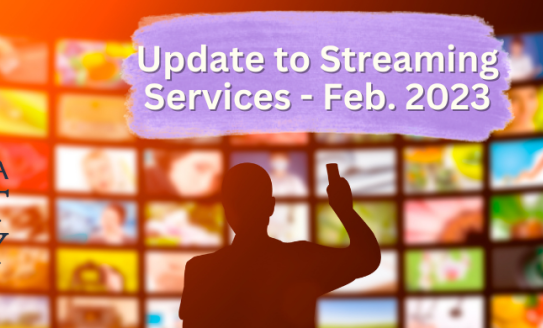 Update to streaming services Feb. 2023; Person with a phone in front of many screens 