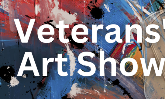 Swirly paint background with library logo, Veterans' Art Show, and dog tags 