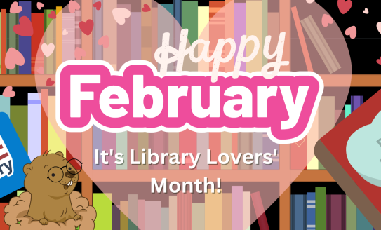 Bookshelves with hearts and a library card - Happy February, it's Library Lovers' Month!