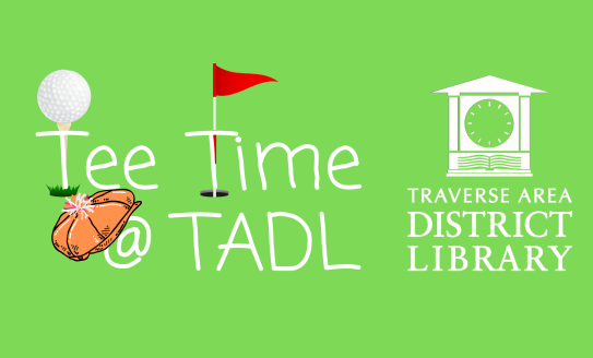 Golf ball, cap and flag with Tee Time at TADL - library logo