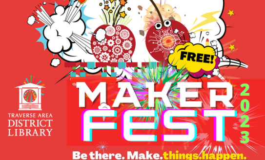 MakerFest 2023 Be there. Make things happen. wording with mechanical cherry graphic