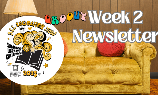 70s era gold couch with vintage lamp and words Groovy Week 2 newsletter