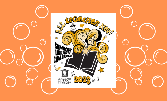 White bubbles on orange background with Summer Library Challenge All Together Now 2023