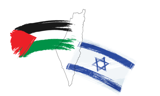 Palestinian and Israeli flag overlapping outline of Israel