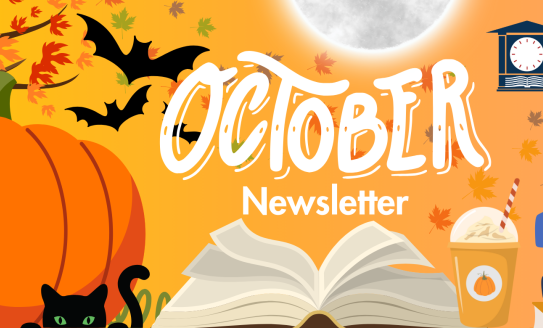 Pumpkins and books with bats and leaves