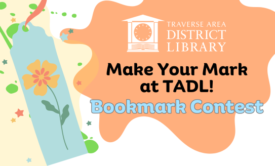 Paint splotches with library logo Make Your Mark at TADL bookmark contest