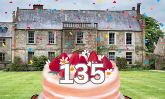 Birthday cake in front of an English manor house