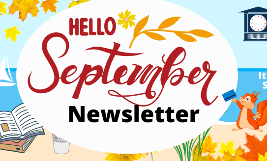 Beach with colorful leaves and a squirrel with a library card