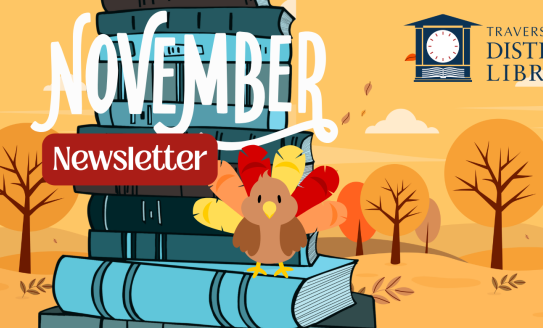 November newsletter image with books and a cartoon turkey