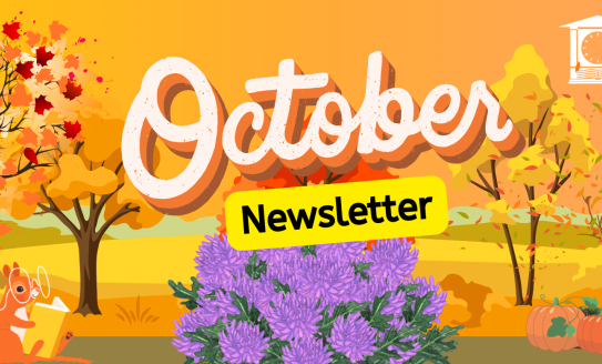 Fall scene with colorful trees and a squirrel with glasses reading a book