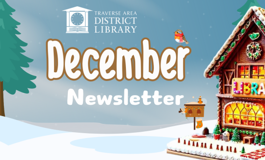 Gingerbread library with December newsletter
