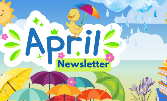 Colorful umbrellas and books with April newsletter