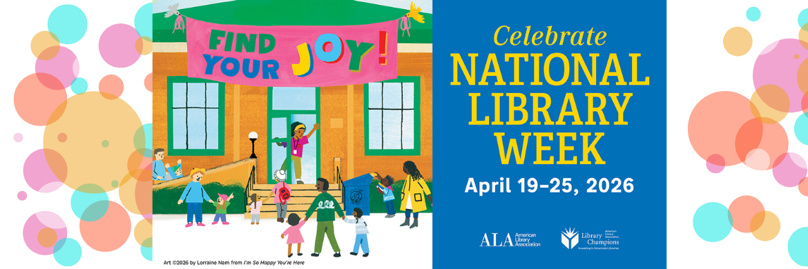 People around the door of a colorful library