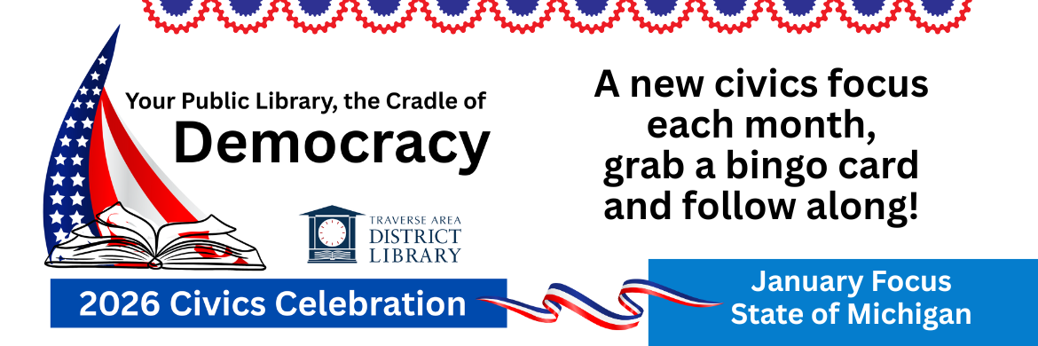 Flag image and your public library, the cradle of democracy