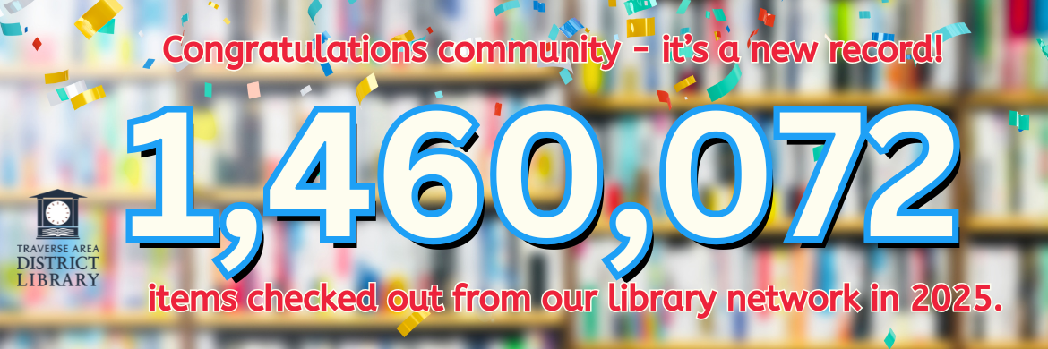 Book shelves noting 1,460,072 items circulated in 2025